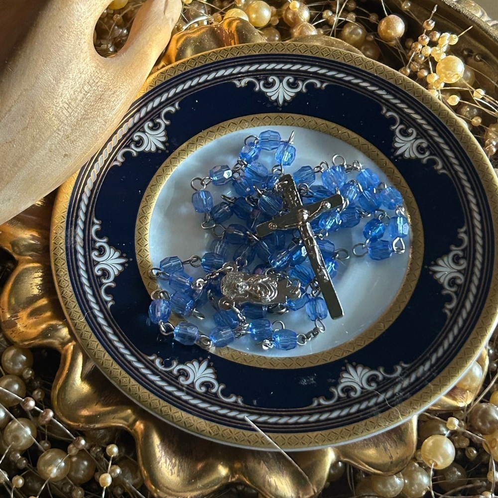 Vintage Blue Crystal Rosary Cross Beads Necklace